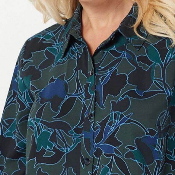 LOGO S Green Blue Black Floral Button Front Tiered Hem Long Sleeve Tunic Top - Picture 3 of 13